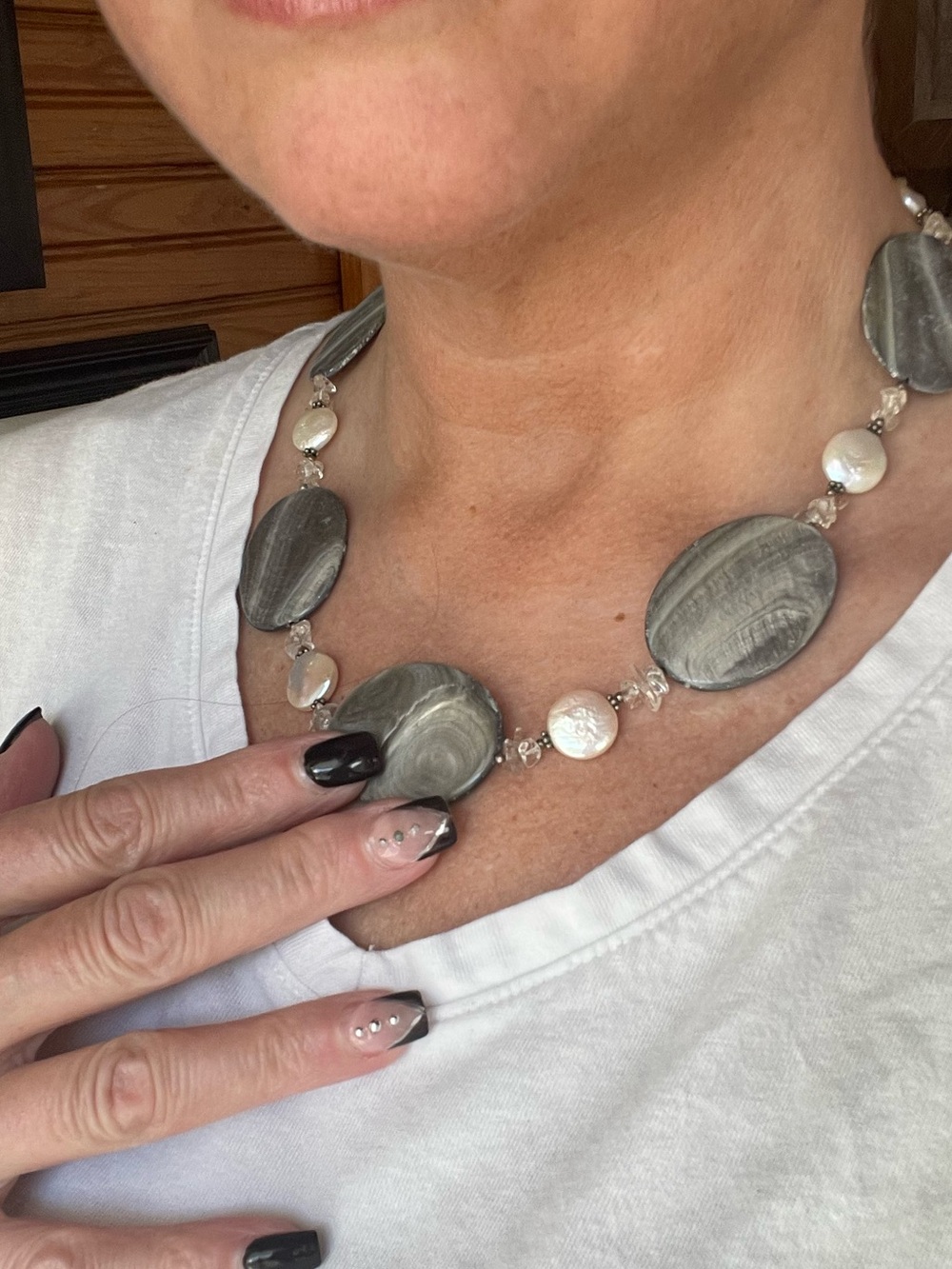 Gray MOP Coin Pearl Tourmaline Statement Necklace